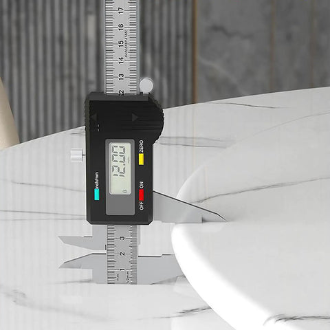 Caliper measuring 12mm thickness of Round Rotating Serving Plate With Non Slip Marble Surface 12mm Thick Lazy Susan Kitchen Turntable