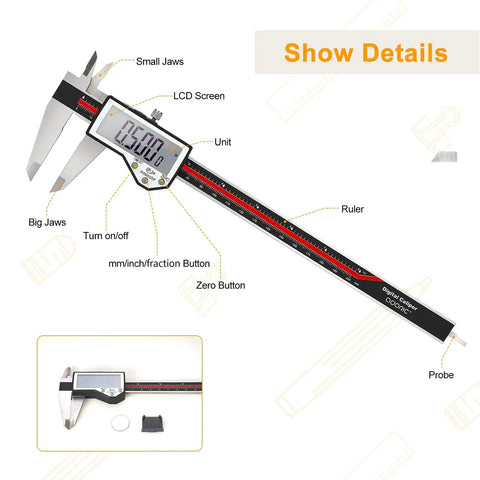 8 Inch Digital Caliper With Waterproof Stainless Steel Body, showing LCD screen, probe, and big jaws for measuring.