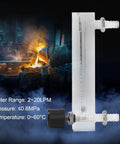 Flowmeter 2-20 LPM Acrylic Air Gas Flowmeter With Control Valve, transparent with 0.6 MPa rating and 8mm hose barbs, industrial background.