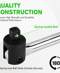 Close-up of the spring-loaded ball on a Heavy Duty 1/2 Inch Drive Breaker Bar 17 Point 5 Inches with 180 Degree Rotatable Head.