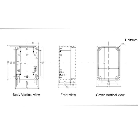 Technical diagram showing IP65 Waterproof Outdoor Junction Box Project Box Made From ABS Plastic Electrical Enclosure dimensions.