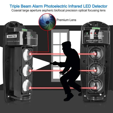 Triple Beam Alarm Infrared LED Detector Security System For Home Protection With Photoelectric Sensor And Beefed Up Power Long Range Alert Precision Optical Focusing Lens