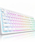 Wireless Mechanical Gaming Keyboard With 95 Percent Layout And Integrated Number Pad In Cream White Glossy Cat Ear Keycaps Running Smooth Creamy Switches With Vibrant Rgb Lighting For Your Sick Desk Setup angled view with RGB lighting