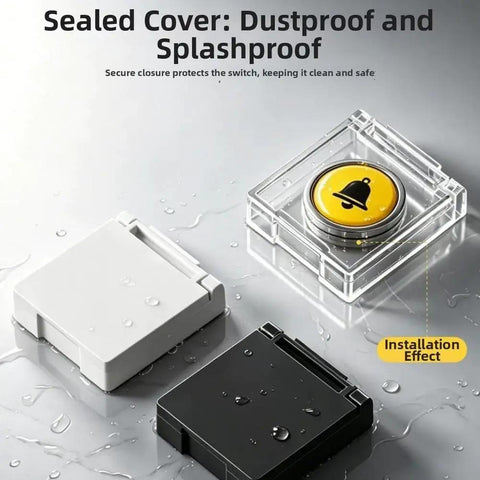 Three Pack Appliance Button Covers With Safe Flip Lid showing clear, black, and white covers on wet surface.