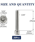 Rock Solid 3/8-16 X 3 Inch Socket Head Cap Screw Bolts 20 Pack 304 Stainless Steel showing size and dimensions.