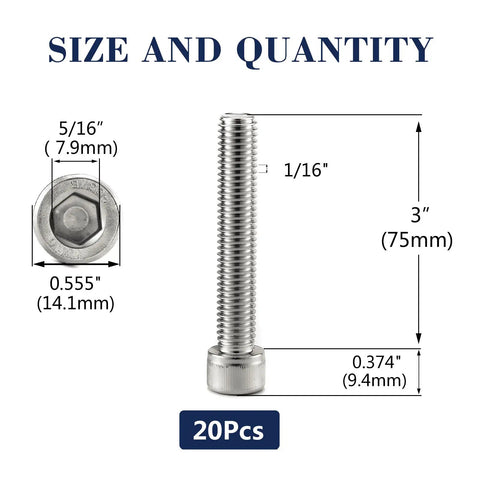 Rock Solid 3/8-16 X 3 Inch Socket Head Cap Screw Bolts 20 Pack 304 Stainless Steel showing size and dimensions.