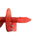 Close-up of Double Spiral Earth Auger Bit 4 Inch By 36 Inch With Seven Eighths Drive Drill, red metal tip and shaft visible