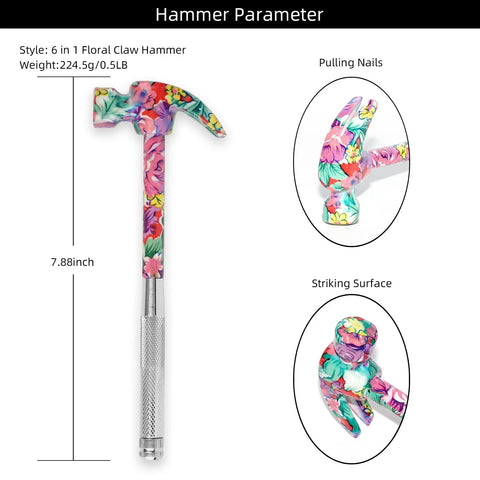 6 In 1 Multifunctional Floral Hammer And Screwdriver Tool Set with claw hammer and floral design, 7.88 inch