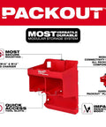 Heavy Duty Red Tool Station With Modular Stackable Layout For Hardworking Contractors And Tradesmen Featuring Kickass Impact Resistance And Job Ready Storage - front view with tool slots and mounting details.