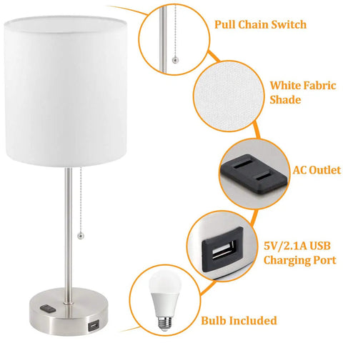 Diagram of 2 Pack Bedside Table Lamps with USB Port and AC Outlet, Pull Chain, Adjustable White Light, White Shade on Nickel Base