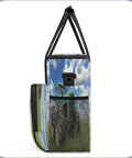 Side view of Farm Vintage Tractor Style Coffee Maker Bag Travel Organizer with K Cup pockets, in polyester with foil liner.