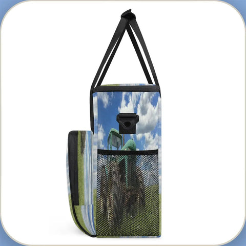 Side view of Farm Vintage Tractor Style Coffee Maker Bag Travel Organizer with K Cup pockets, in polyester with foil liner.