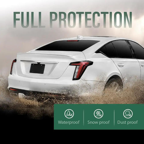 Sedan driving through mud showing full protection features like waterproof, snowproof, and dustproof capabilities.