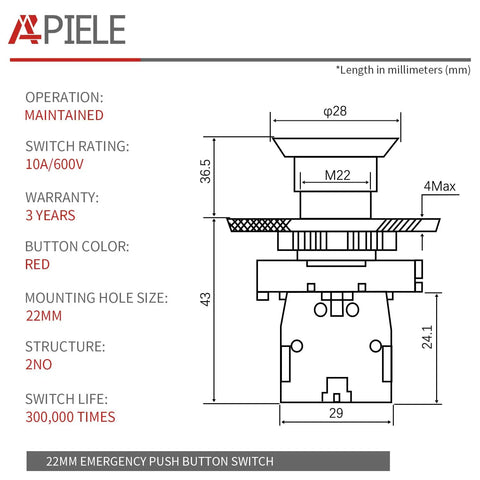 22mm Red Mushroom Emergency Stop Button Switch With 2NC Contacts, Latching Push Lock, 600V 10A, Built Tough Safety Button For Machinery, 40mm Button Diameter, 4mm Panel Mount, Durable Plastic Construction LA139AES544 technical drawing with 22mm mount