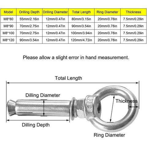 Diagram showing dimensions of Concrete Wall Bolt Anchor Hook With Expansion Screw, 304 stainless steel eye bolt, M8x120mm size, silver finish.