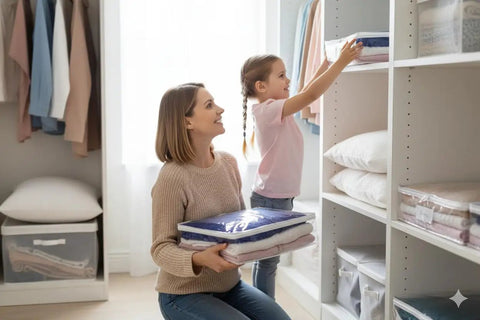 Mother and daughter using Clear Sweater Storage Bags 2 Pack With Zippered Vinyl Organizers And Label Pockets for closet storage.