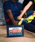 Blue metal Job Site First Aid Kit with handle, 200-piece medical supply kit for portable or wall-mount use