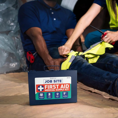 Blue metal Job Site First Aid Kit with handle, 200-piece medical supply kit for portable or wall-mount use