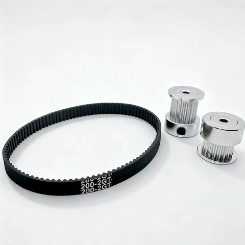 Heavy Duty Two GT 20 Tooth Timing Pulley Kit With 1:1 Ratio For Smooth Synchronous Drive Featuring 6mm Belt Width Multi Bore Fits 4mm Shaft And 180 Degree Mounting Angle Perfect For DIY Mods And Custom Machinery Builds That Need Reliable Power, with 6mm GT2 belt and two silver pulleys