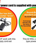 Diagram of compatible and incompatible power cords for sound bars showing AC/DC converter and standard power plugs.