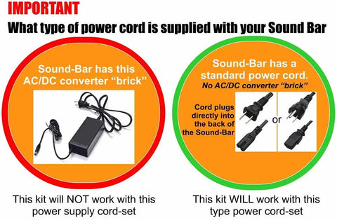 Diagram of compatible and incompatible power cords for sound bars showing AC/DC converter and standard power plugs.