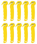Yellow Disposable Film Cutter With Sharp Steel Blade And Safe Hidden Blade Design, shown in a pack of ten for warehouse and mailroom use.