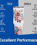 Pro Grade Sublimation Paper 8.5 x 11 Inch 100 Sheets For Heat Transfer Tumblers Mugs T Shirts Phone Cases Printable Stickers DIY Gifts Christmas Enthusiasts featuring vibrant floral tumbler comparison image.