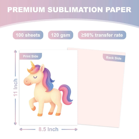 Image of Top Notch Sublimation Paper 8.5x11 Inch, 120 Sheets, 120gsm with a unicorn design on the print side and back side shown.