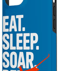 Glider Sailplane Pilot Case For iPhone 14 That Keeps Your Device Safe On The Go with blue design featuring 'Eat. Sleep. Soar. Repeat.'