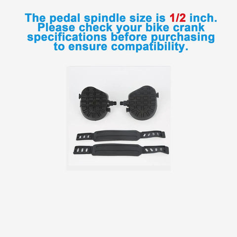 One Half Inch Thread Pedals For Indoor Cycling And Home Exercise Bikes With Toe Clips Universal Fit Durable PP Plastic Construction Built To Last For Mountain Road And Spin Bikes 1 Pair, shown with adjustable straps and toe clips.
