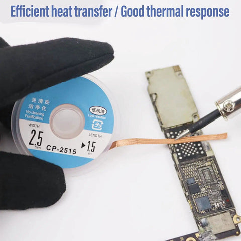 Desoldering Wick Braid With Flux for PCBs, Red Copper Material, 1.5 Meter Length in use on circuit board.