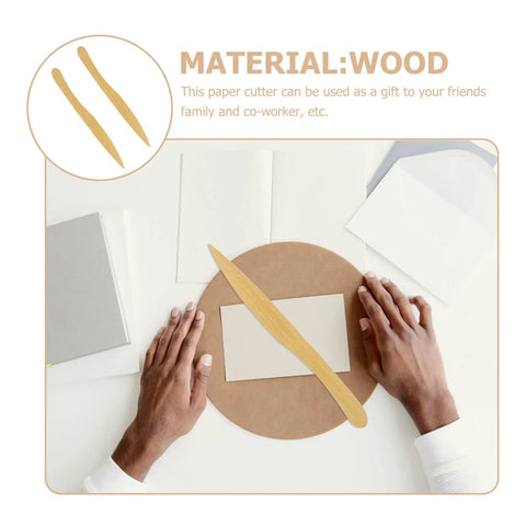Two Pack Wooden Letter Opener Set Handy Envelope Slitter For Quick Mail Openings shown on desk with envelopes and hands