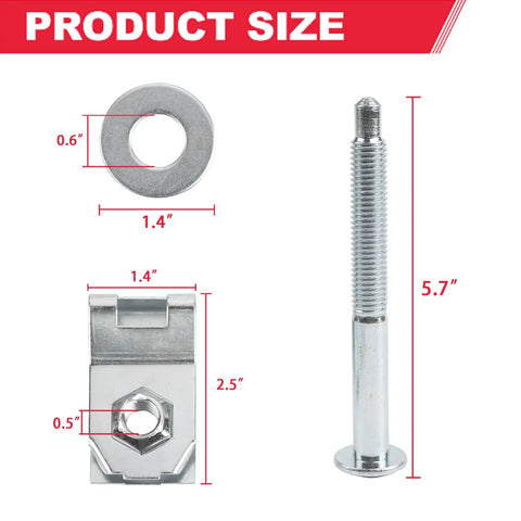 Heavy Duty Truck Bed Mounting Hardware Kit Built Bad To The Bone For A Smooth Install And Rust Resistant Coating Direct Factory Replacement For Ford F250 F350 showing detailed product sizes of washer, bolt, and clip.