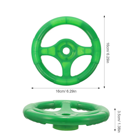 Kids Steering Wheel Toy For Outdoor Playsets And Swings, Portable Plastic Accessory, Green, 6.3 inches diameter, side and front view