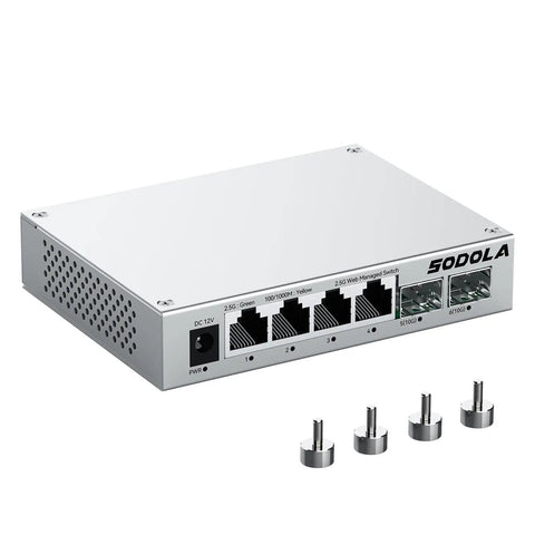 Side view of Six Port 2.5G Easy Web Managed Switch With Four 2.5G BaseT Ports And Two 10G SFPPlus, with magnetic mounts shown.