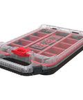 Red and clear plastic tray organizer, part of Four Piece Rolling Tool Storage System With Large Rolling Toolbox And Two Drawer Toolbox And Two Tray Organizers Interlocking Modular Stackable Tool Storage On Wheels For Garage And Shop.