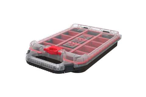 Red and clear plastic tray organizer, part of Four Piece Rolling Tool Storage System With Large Rolling Toolbox And Two Drawer Toolbox And Two Tray Organizers Interlocking Modular Stackable Tool Storage On Wheels For Garage And Shop.