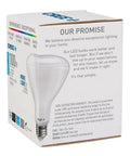Box of BR30 Indoor Flood LED Bulb 100W Equivalent, Dimmable, showcasing product details and warranty information on the side.