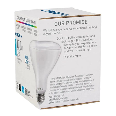 Box of BR30 Indoor Flood LED Bulb 100W Equivalent, Dimmable, showcasing product details and warranty information on the side.