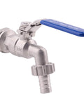 Stainless steel 1/2 in ball valve with blue lever, angled side view, hose barb outlet.