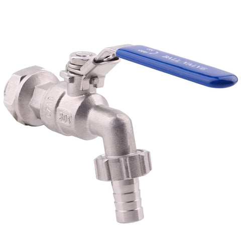 Stainless steel 1/2 in ball valve with blue lever, angled side view, hose barb outlet.