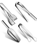 Four Piece Ice Tongs And Scoop Set For Ice Bucket Kit stainless steel serving tongs and shovel displayed on a white surface