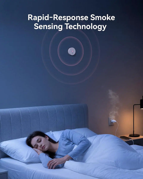 Hassle Free Smoke Detector Designed With Adaptive Sensing To Slash Nuisance Alerts While Delivering Dependable Household Fire Protection Runs Smooth On A Single Nine Volt Battery Offers Quick Easy Wall Install mounted in a bedroom.