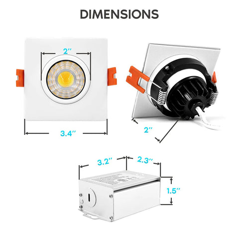 Dimensions of Square Recessed LED Light Kit 3 Inch Adjustable Gimbal Downlights 4 Pack 3000K 4000K 5000K with Junction Box