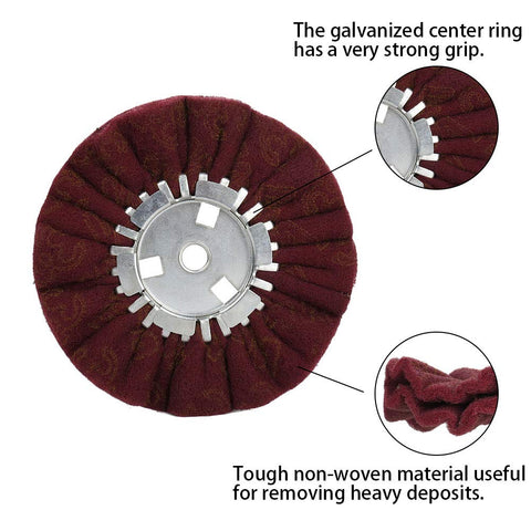 8 Inch Non-Woven Satin Buffing Wheel With 5/8 Inch Arbor For Angle Grinders showing galvanized center ring and non-woven material