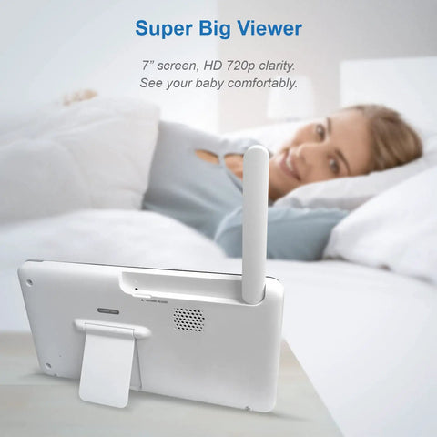 Rear view of 7-inch screen for 1080p WiFi Baby Monitor With 360° Pan Tilt, showing HD clarity, in bedroom setting.