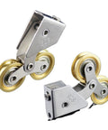 Slick Heavy Duty Sliding Cabinet Pulleys For Pantry Cupboards And Closet Doors featuring metal double wheel rollers and stainless steel.