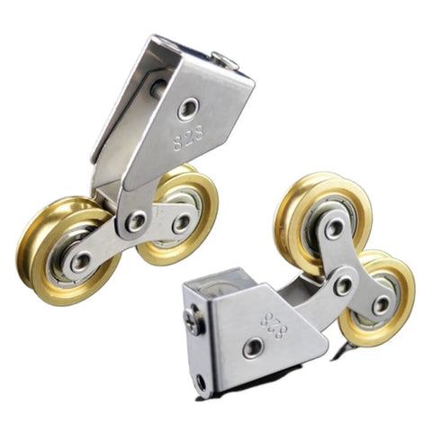Heavy Duty Double Wheel Sliding Door Rollers Glide Smooth As Butter On Glass Or Aluminum Frames Rock Solid Stainless Steel Build With Premium Bearings Keeps Things Moving Without A Sweat Set Of Two close-up image with gold wheels.