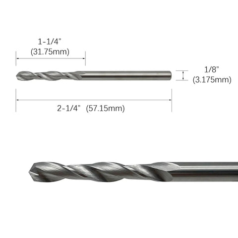 One Eighth Inch Solid Carbide Jobber Drill Bits With Straight Shank And 118 Degree Point For Stainless Steel Copper And Hard Plastics Two Piece Set Premium Tungsten Carbide Bits front view showing dimensions.