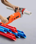 2300W Heavy Duty Electric Pipe Threader Machine Kit in action, threading PVC pipe with red and blue pipes in view.